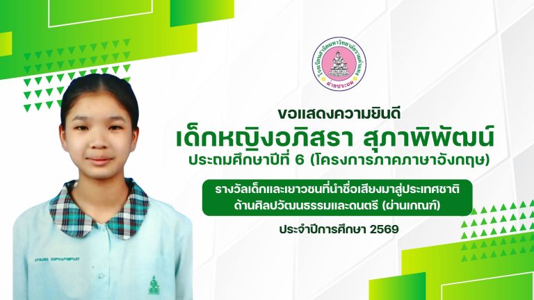 เด็กหญิงอภิสรา สุภาพิพัฒน์  ชั้น ป.6/2 หลักสูตรภาคภาษาอังกฤษ 		ได้รับรางวัลเด็กและเยาวชนที่นำชื่อเสียงมาสู่ประเทศชาติ