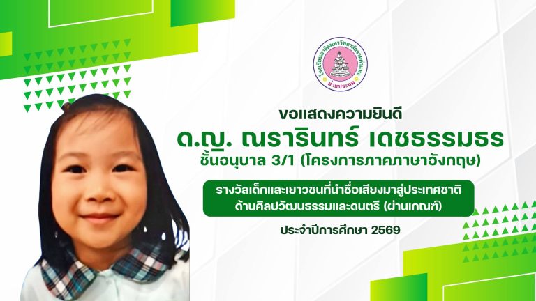 เด็กหญิงณรารินทร์ เดชธรรมธร  ชั้น อ.3/1 หลักสูตรภาคภาษาอังกฤษ 		ได้รับรางวัลเด็กและเยาวชนที่นำชื่อเสียงมาสู่ประเทศชาติ