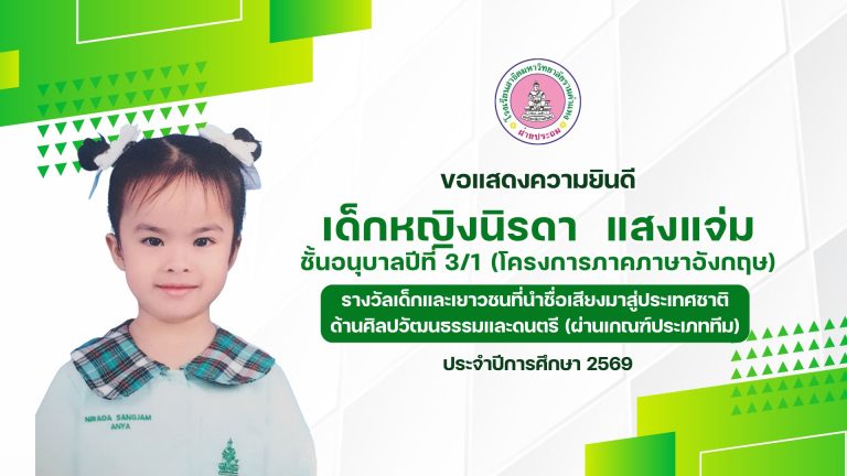 เด็กหญิงนิรดา แสงแจ่ม  ชั้น อ.3/1 หลักสูตรภาคภาษาอังกฤษ 		ได้รับรางวัลเด็กและเยาวชนที่นำชื่อเสียงมาสู่ประเทศชาติ